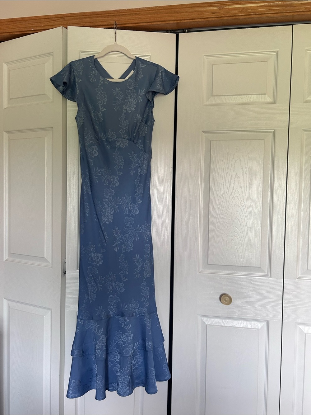 bohme Dusty Blue Floral Maxi Dress with Flared Hem